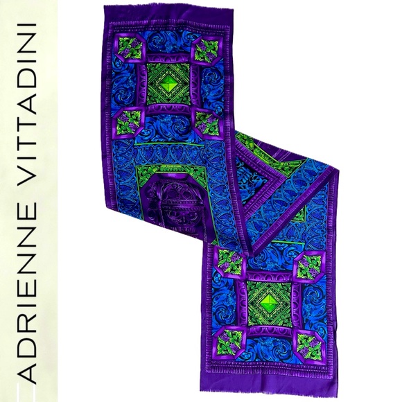 VINTAGE ADRIENNE VITTADINI SILK SCARF Geometric Design Vibrant Purple Green Blue - Picture 8 of 17